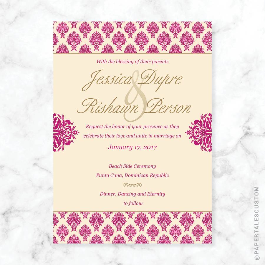 Fuchsia & Gold Damask, Dominican Republic, Destination Wedding Invitation // DIGITAL